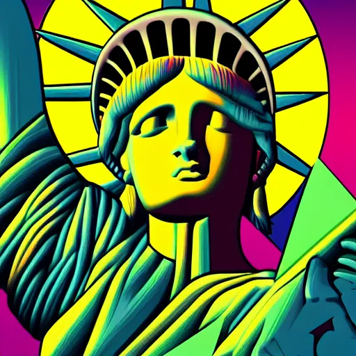 Image similar to statue of liberty, retrowave epic art, trending on art station