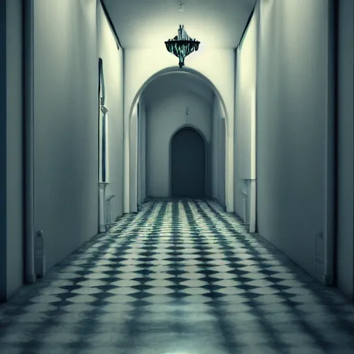 Prompt: small dark corridor that leads to a majestic beautiful palace, natural light with shadows, octane rendered,