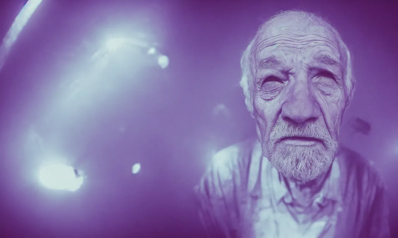 Prompt: a photo of an old man drowning in purple light looking sad with a zoomed in fish eye lens, photorealistic, 4 k, 8 k, ultra hd.
