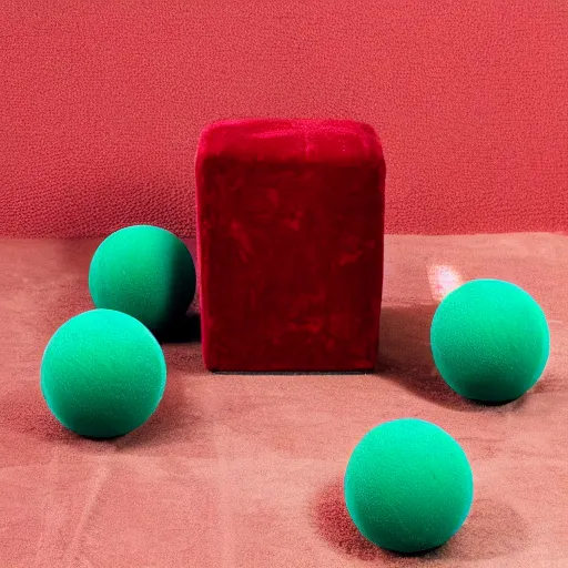 Prompt: velvet spheres on a red cube