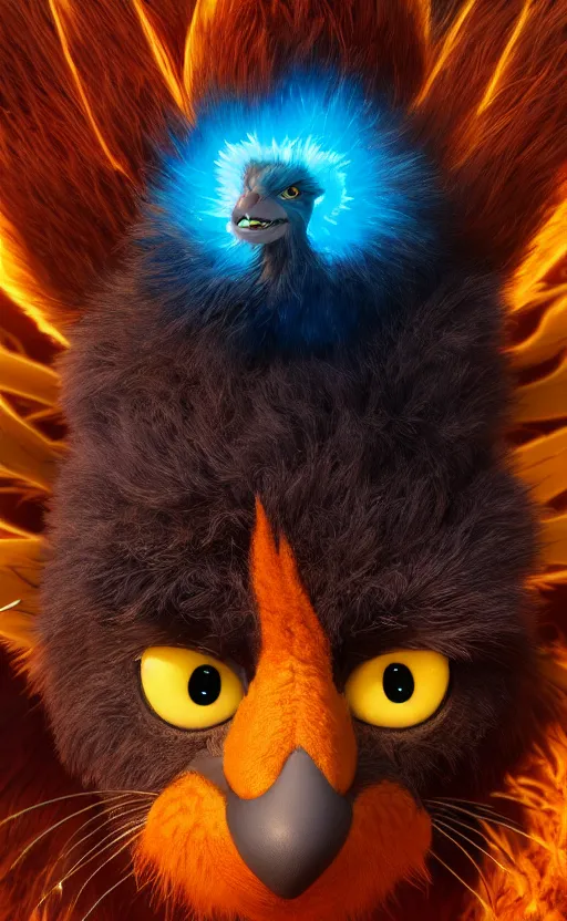 Prompt: phoenix portrait, electric, furry, soft, concept art, sharp focus, intricate details, highly detailed, photorealistic, disney pixar, octane render, iridescent, anime, 8 k