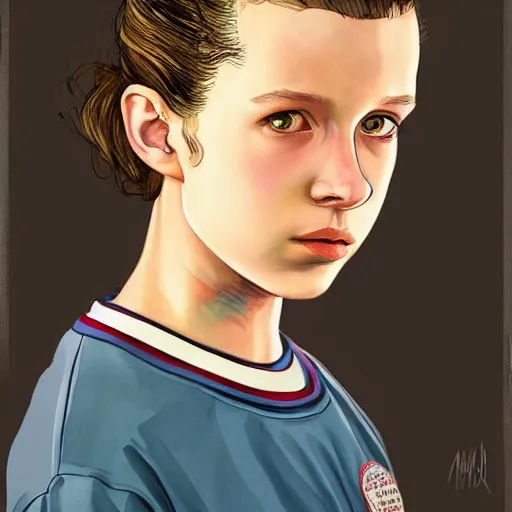 Image similar to beautiful side portrait of Eleven from Stranger things by ((((martine johanna)))), artstation winner,figurativism!!!, portrait,