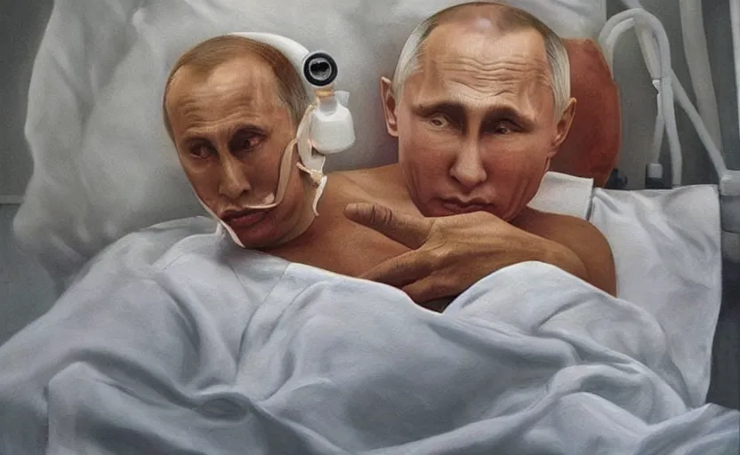 Prompt: hyperrealistic painting of very ill Vladimir Putin as a patient wearing an oxygen mask on a death bed inhaling from Copium tank that stand near his bed