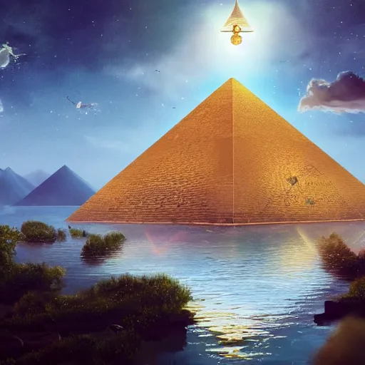 Image similar to pyramid in space or in water, a magical ancient pyramid, gold, treasure, lara croft charater, realistic illustration, pyramid surrounded with greenery, illustrations, 3 d render, illustrated, incredible details, highly detailed, photorealistic, disney pixar, octane render, iridescent, anime, 8 k