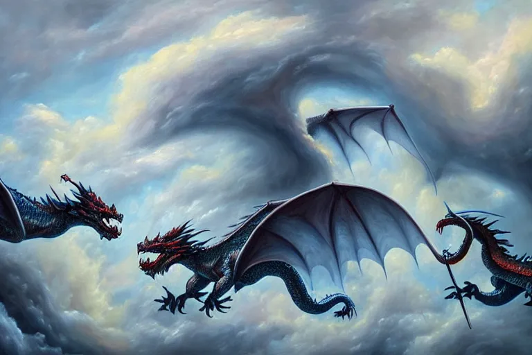 Prompt: a vast oil painting of two storm dragons dueling above the snowy peaks, hyper realistic, vivid, highly detailed, many colors