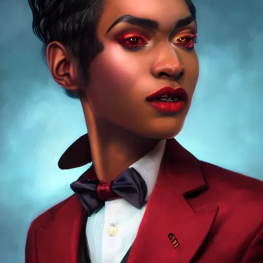 Prompt: portrait of a beautiful nonbinary actor with dark skin and messy short red hair wearing a men's suit, elf ears and gold eyes, by Gerald Brom and Ross Tran, dramatic lighting, 4K, trending on artstation