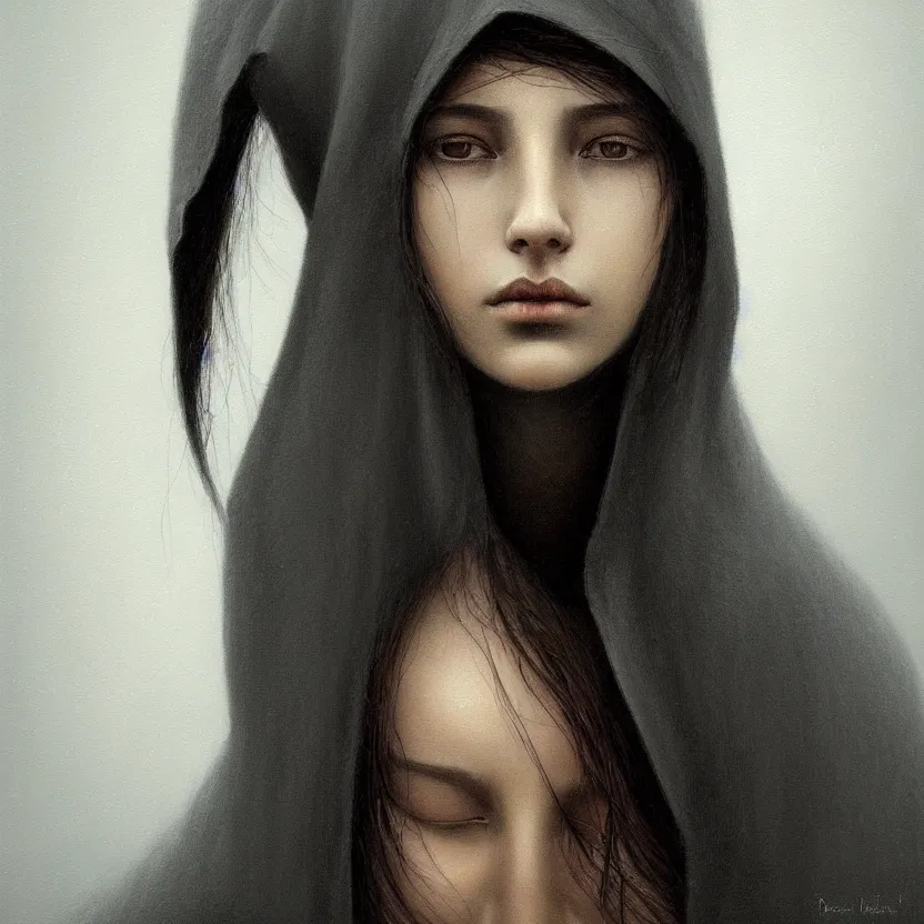 Image similar to Portrait of a young woman with dark hair wearing a hooded robe, she is looking down, unique, intricate, elegant, highly detailed, digital painting, artstation, concept art, smooth, sharp focus, illustration and art by beksinski