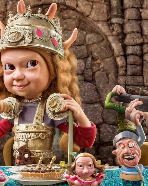 Image similar to highly detailed closeup, face profile portrait of a tin toy greta thunberg as a medieval goblin eating cakes in a castle, bikini, depth of field, nicoletta ceccoli, mark ryden, lostfish, dan decarlo, bob clampett, max fleischer, detailed and intricate environment, 8 k resolution, hyperrealistic, octane render