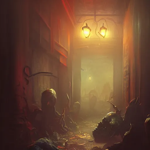 Prompt: A horror scene of a demon in a dark alley, studio lighting, 50mm lens, very detailed, deep depth of field, artstation, 8K, highly coherent, enigmatic, oil painting, matte, Volumetric dynamic lighting, By Ross Tran