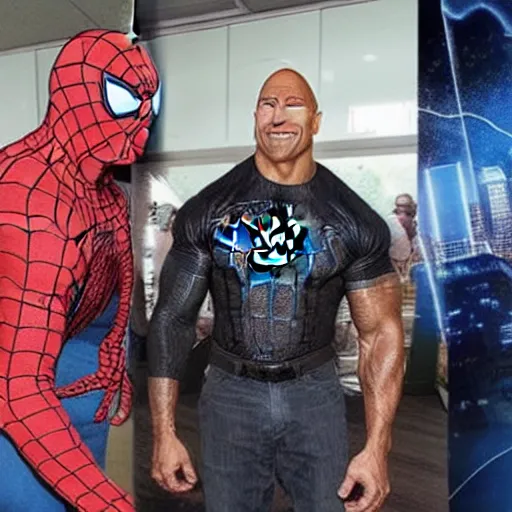 Image similar to dwayne johnson promo on ring wearing spiderman costumes