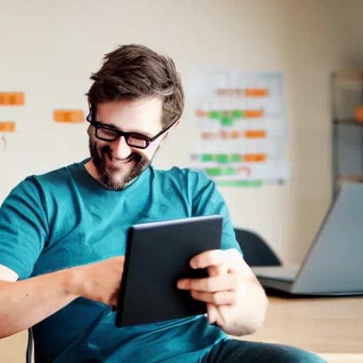 Image similar to a programmer finally fixed a bug in his code after trying for a long time, looking relieved and happy