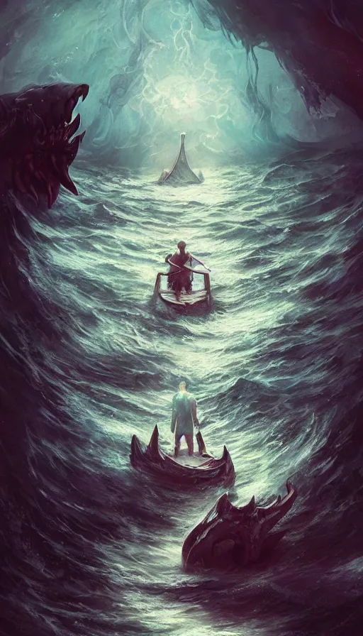 Image similar to man on boat crossing a body of water in hell with creatures in the water, sea of souls, by ross tran