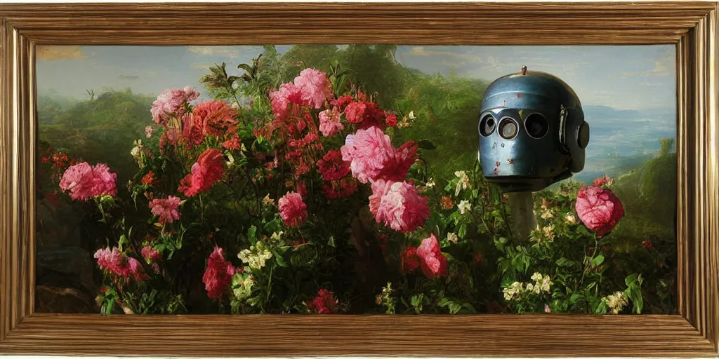 Prompt: a wide angle painting by Thomas Cole of a robot head with flowers growing out, highly detailed, masterpiece