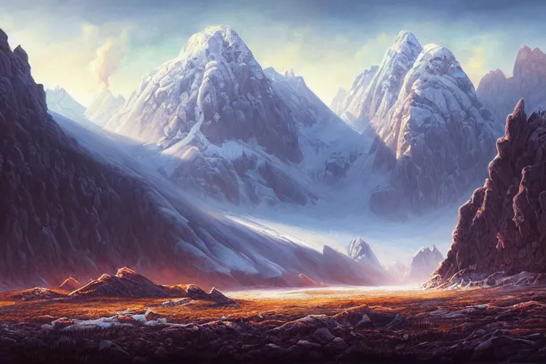 Image similar to landscape painting of destroyed meadows with destroyed mountainrange in background, dystopian wasteland, destroyed nature, apocalypse, winter, fine details, magali villeneuve, artgerm, rutkowski