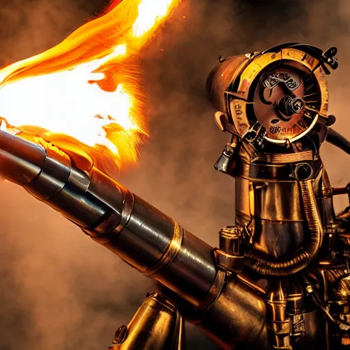 Image similar to long shot photo of a steampunk flamethrower