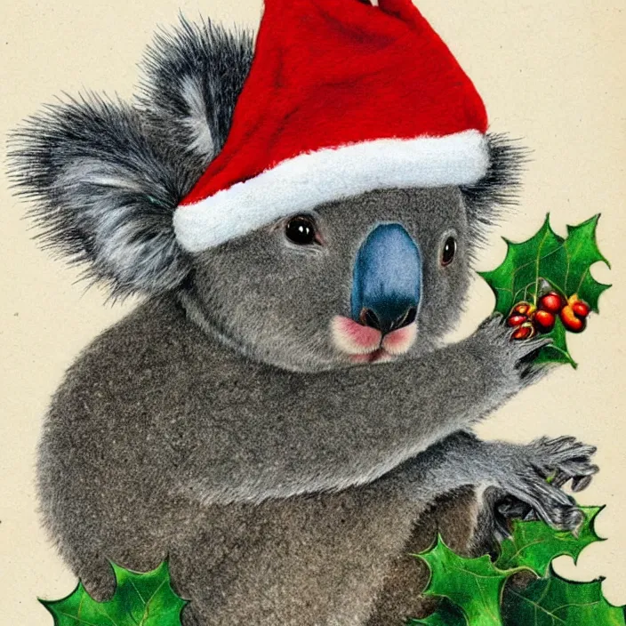 Prompt: a cute koala wearing a christmas hat by louis wain