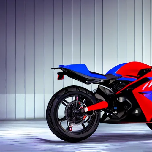 Prompt: prototype, futuristic touring motorbike, show room in background, symmetrical mechanical features, slick tires, designed by professional, smooth curvatures, brushed red and blue paint, hard surfaces modelling, dramatic lighting, hyper realistic rendering, depth of field, bokeh effect, 4 k