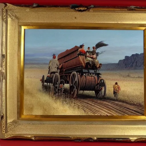 Prompt: long wagon train, western art