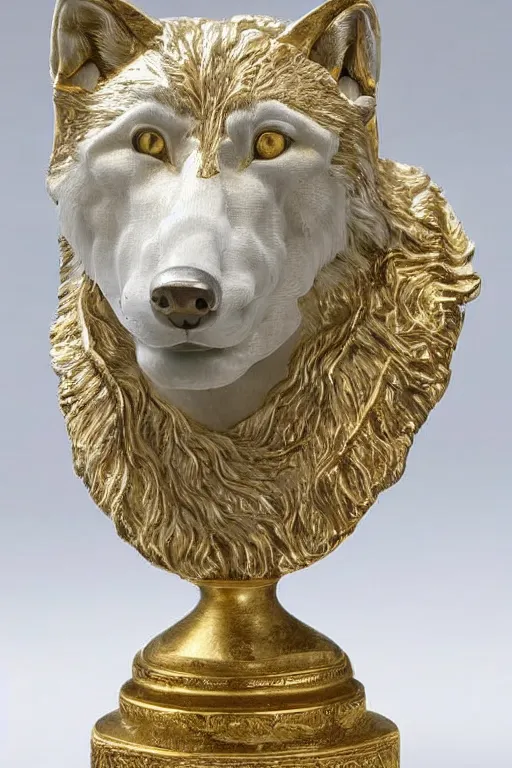 Image similar to a white marble bust of a wolf with gold filigree