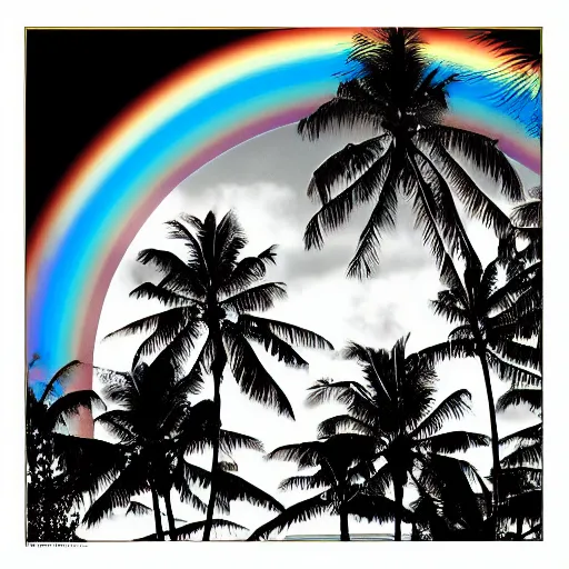 Image similar to miracle musical Hawaii part ii album cover, showing an ocean in the background, spiral transparent stairs on the left with tall palm trees behind it, a slight rainbow in the background, white outline border, moon in the right top area black and white except for the rainbow album cover