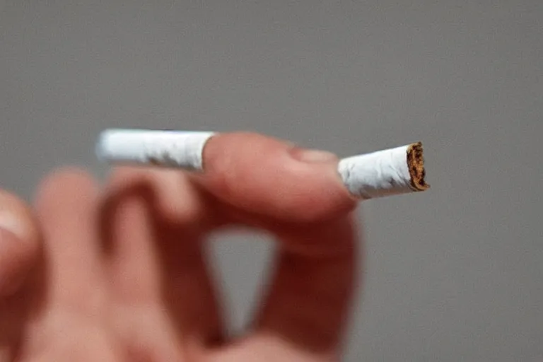 Image similar to Close-up of cigarette in five fingers, thin soft hand holding cigarette, hyper realistic, photographic style