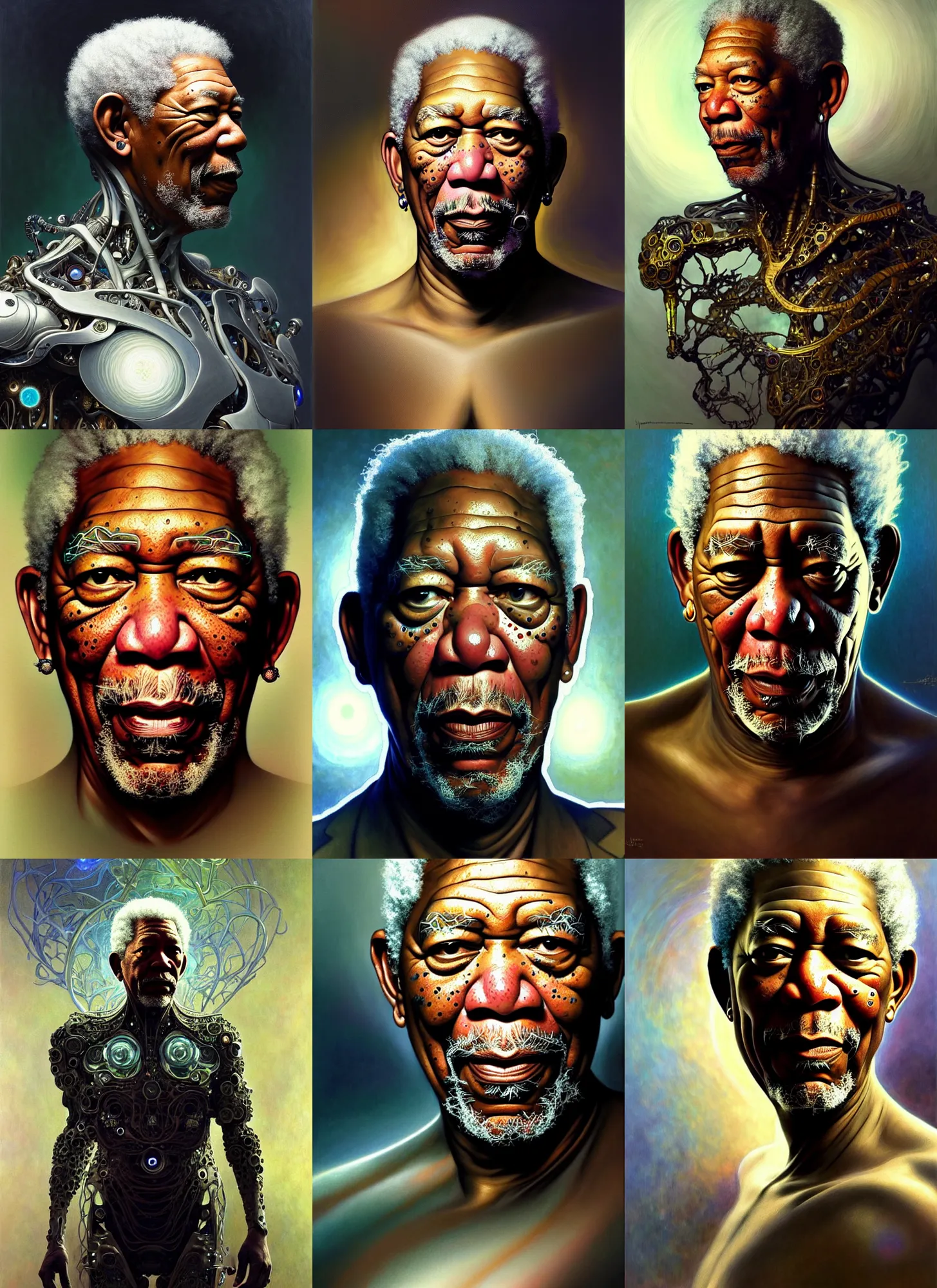 Image similar to morgan freeman as a organic cyborg, diffuse lighting, fantasy, intricate, elegant, highly detailed, lifelike, photorealistic, digital painting, artstation, illustration, concept art, smooth, sharp focus, art by john collier and albert aublet and krenz cushart and artem demura and alphonse mucha