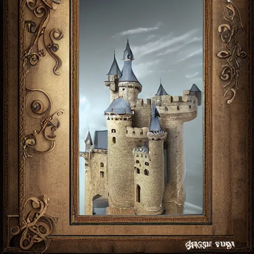 Image similar to castle interior with a magical mirror with silver frames floating around while shooting magic, digital art