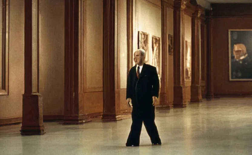Prompt: 50s movie still close-up portrait of an elder soviet general walking in an empty museum, by David Bailey, Cinestill 800t 50mm eastmancolor, heavy grainy picture, very detailed, high quality video, 4k, HD criterion, precise texture and facial expression