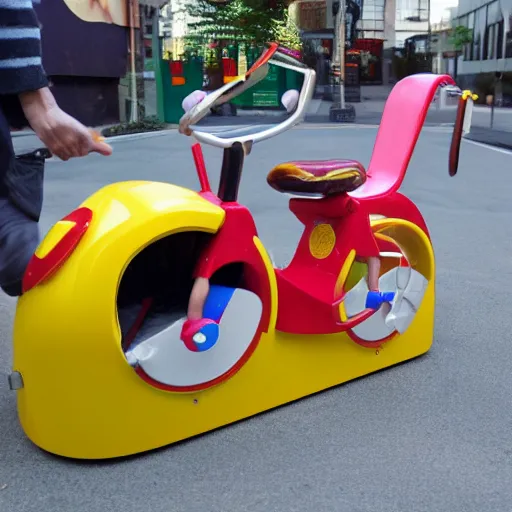 Prompt: a kiddie ride that is coin operated on the sidewalk