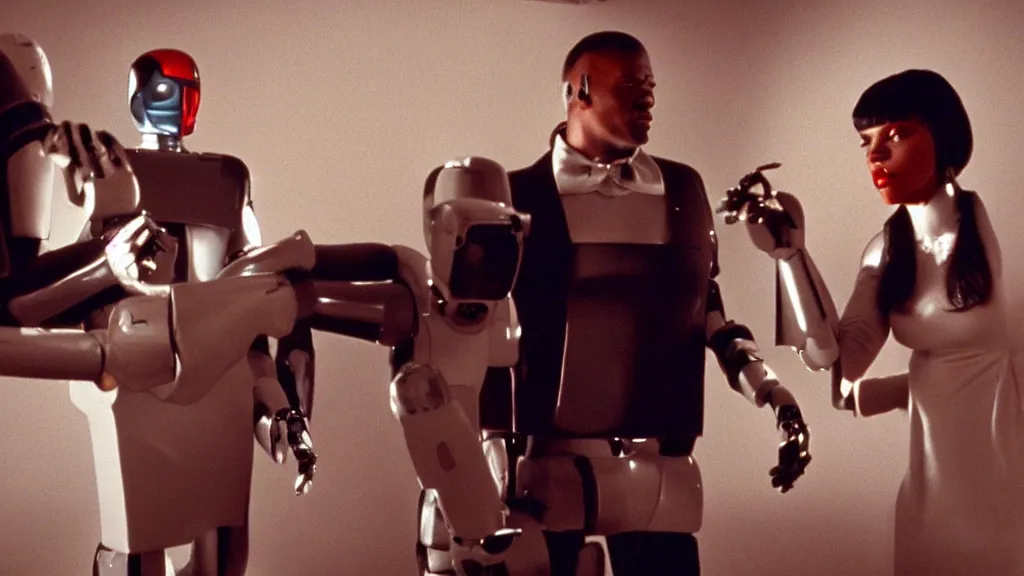 Image similar to movie still of pulp fiction with robots, movie still, cinematic composition, cinematic light, by edgar wright and david lynch