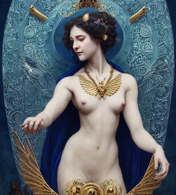 Prompt: god of death, in the underworld, elegant dark blue dress, very detailed, throne, very intricate details, jewelry, gold line tattoos, elaborate long hairstyle, wings, cinematic, artstation, william bouguereau, alphonse mucha, greg rutkowski, rossdraws, octane render