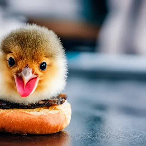 Prompt: a small chick animal on a hamburger