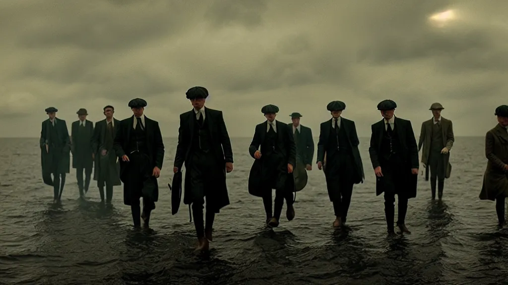 Image similar to the Peaky Blinders crew coming out of the ocean, film still from the movie directed by Denis Villeneuve with art direction by Zdzisław Beksiński, wide lens