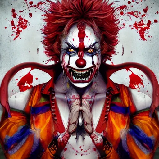 Prompt: 4K headshot of godlike clown with defined arms and open hands and bloody clothes with giant mandala wings , intricate clown face make-up , flawless anime cel animation by Kentaro Miura, psychedelic , highly detailed upper body , professionally post-processed , beautiful, scary, symmetry accurate features, epic, octane rendered, anime masterpiece, accurate