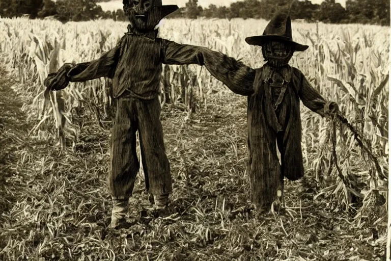 Image similar to disturbing scarecrow from the early 1 9 0 0's leading children into the cornfields