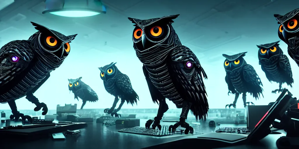 Image similar to an army of evil, malevolent, giant cyborg owls surrounded by computers and computer screens. this 4 k hd image is trending on artstation, featured on behance, well - rendered, extra crisp, features intricate detail and the style of unreal engine. volumetric lighting octane render