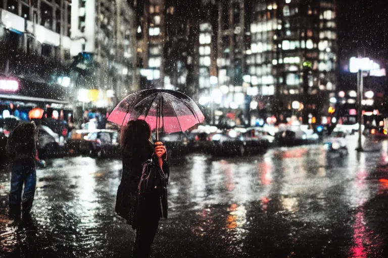 Prompt: canon, 30mm, bokeh, city at night, raining, reflections, people with umbrellas, neon lights