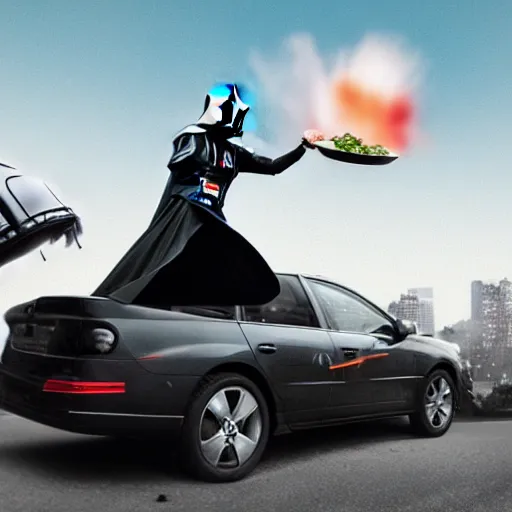 Prompt: darth vader throwing food on a car, throwing food on car windshield