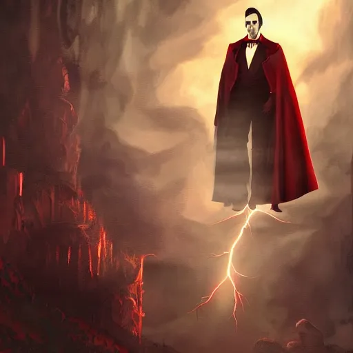 Image similar to dracula getting a haircut, digital art, highly detailed, epic composition, cinematic lightning