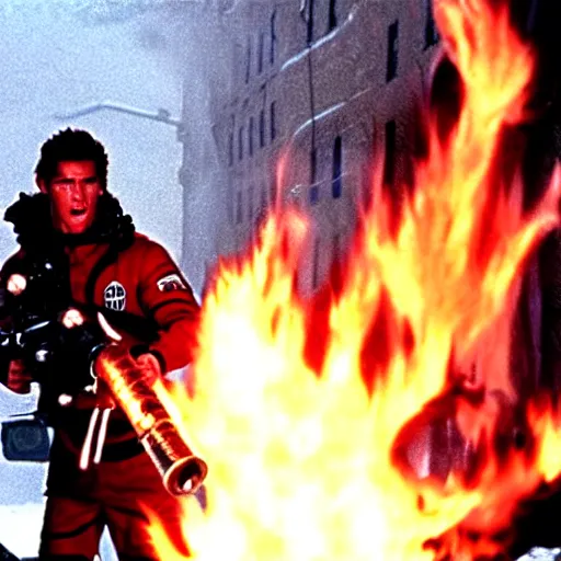 Image similar to movie still of cristiano ronaldo with a flamethrower in the thing (1982), john carpenter, cinematic,