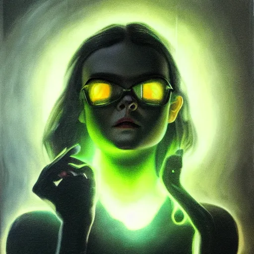 Image similar to ultra realistic portrait painting of elle fanning as a hacker, green glow, art by frank frazetta, 4 k, ultra realistic, highly detailed, epic lighting