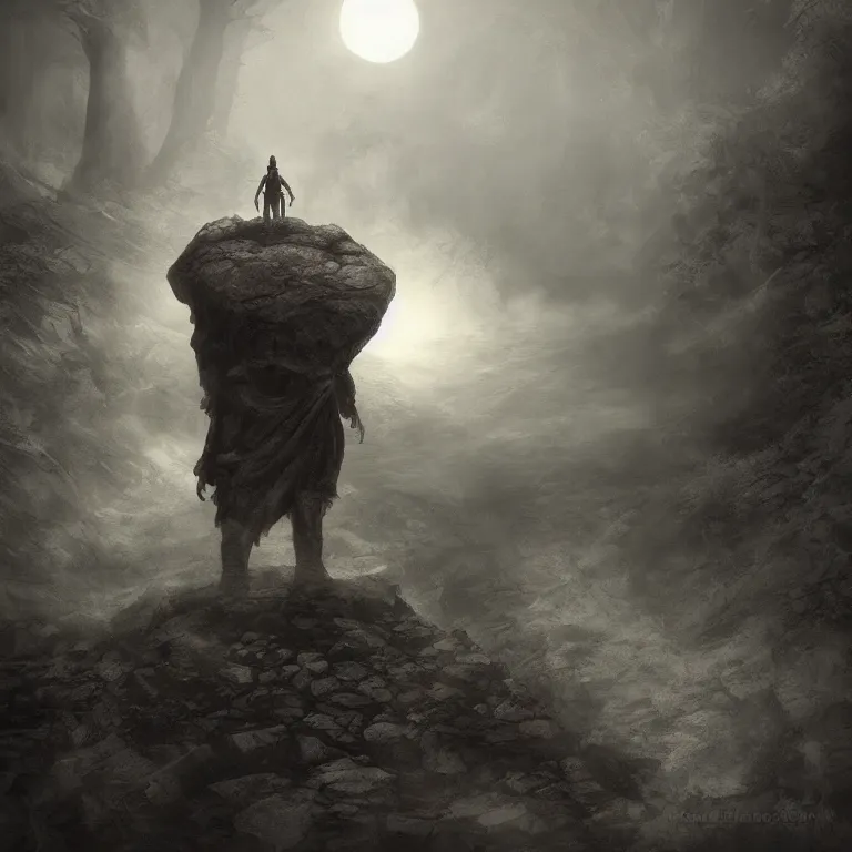 Image similar to a gigantic demon on a cobblestone hard mountain, night, scary, eerie, foggy lighting, rim light, digital art.