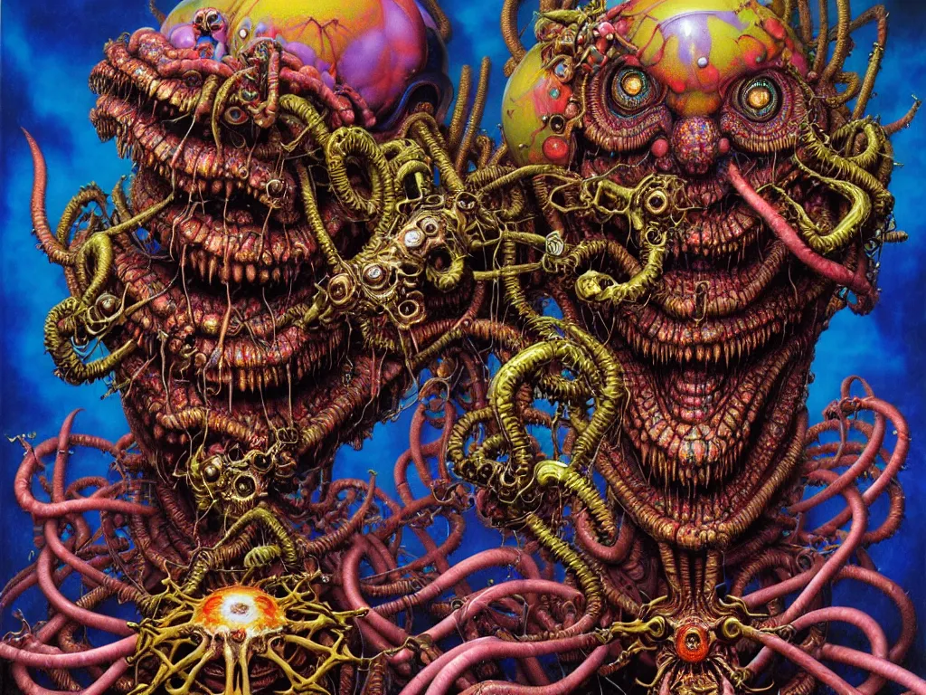 Prompt: realistic detailed image of Technological Nightmare Abomination Monster Clown Spider God by Lisa Frank, Ayami Kojima, Amano, Karol Bak, Greg Hildebrandt, and Mark Brooks, Neo-Gothic, gothic, rich deep colors. Beksinski painting, part by Adrian Ghenie and Gerhard Richter. art by Takato Yamamoto. masterpiece