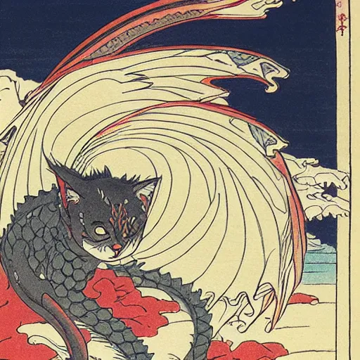 Image similar to a beautiful cat with dragon wings, illustration by hokusai