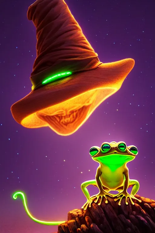 Image similar to Bioluminescent, portrait of frog wearing wizard hat, very intricate , trending on artstation , very elegant, in the golden hour by Dan Mumford and Moebius and Daniel Merriam, Trending on Artstation, oil on Canvas by Elena Zhurikhina and Goro Fujita and Charlie Bowater, octane render, 4k, 8k, HD