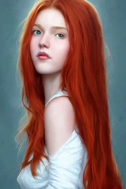 Prompt: ultra realistic style illustration of a beautiful cute red haired joyful and playful 1 9 year old girl, full portrait, long hair, sci - fi, fantasy, intricate, elegant, digital painting, artstation, concept art, smooth, sharp focus, 8 k frostbite 3 engine, ultra detailed, art by artgerm and greg rutkowski and magali villeneuve