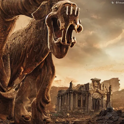 Image similar to golden mammoth in a ruined city, photorealistic, realistic, dramatic, cinematic, photography