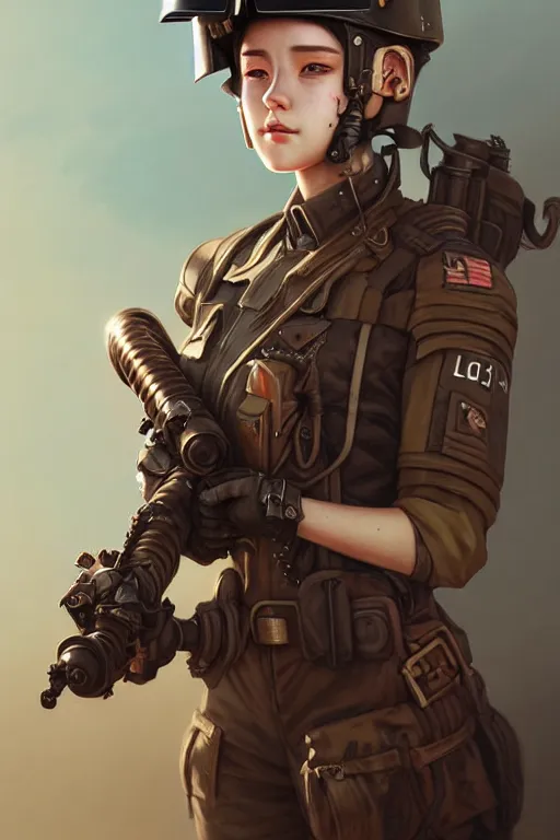 Image similar to portrait of dieselpunk blackpink jisoo soldier girl, helmet, desert, armored, highly detailed, digital painting, face detail, sharp focus, art, illustrations by loish and ayanamikodon and irakli nadar and rossdraws and wlop