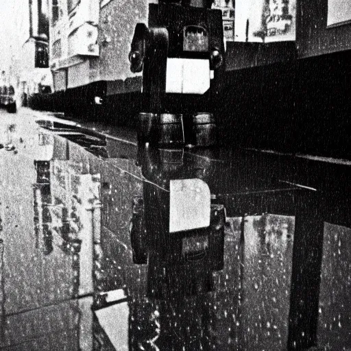 Image similar to grainy abstract experimental expired film photo of a sad retro robot, in 1920s New York City by Saul Leiter, 50mm lens, black and white, reflection, rain drops, cinestill 800t