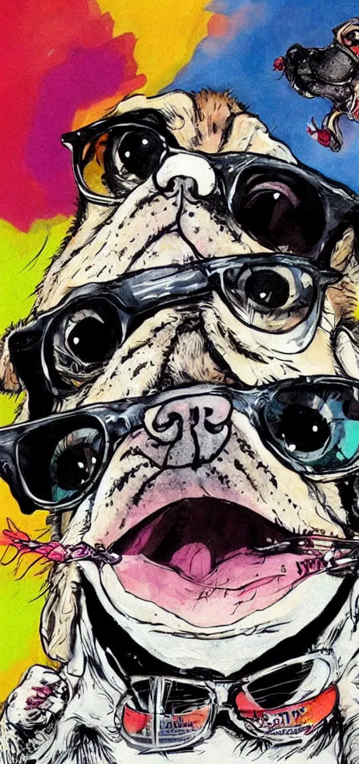 Prompt: fear and loathing and pug vegas, ralph steadman style, wild